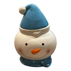 Snow Days Ceramic Snowman Face Cookie Jar Blue Hat Scarf Christmas Polka Dots